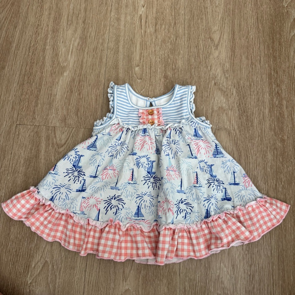 SweetHoney Blue & Pink Sailboat Firework Print Dress with Gingham Ruffle